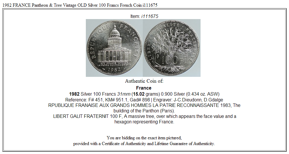 1982 FRANCE Pantheon & Tree Vintage OLD Silver 100 Francs French Coin i111675