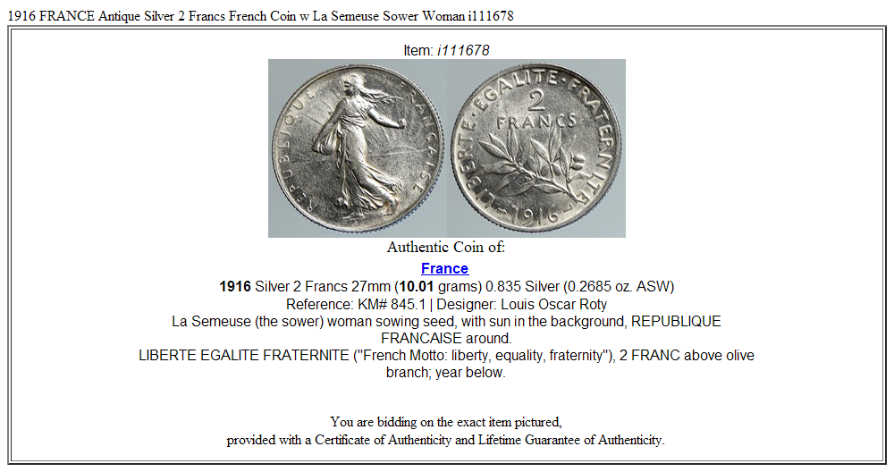 1916 FRANCE Antique Silver 2 Francs French Coin w La Semeuse Sower Woman i111678