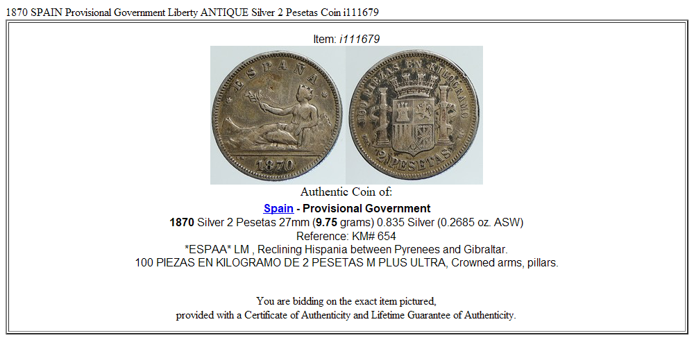 1870 SPAIN Provisional Government Liberty ANTIQUE Silver 2 Pesetas Coin i111679