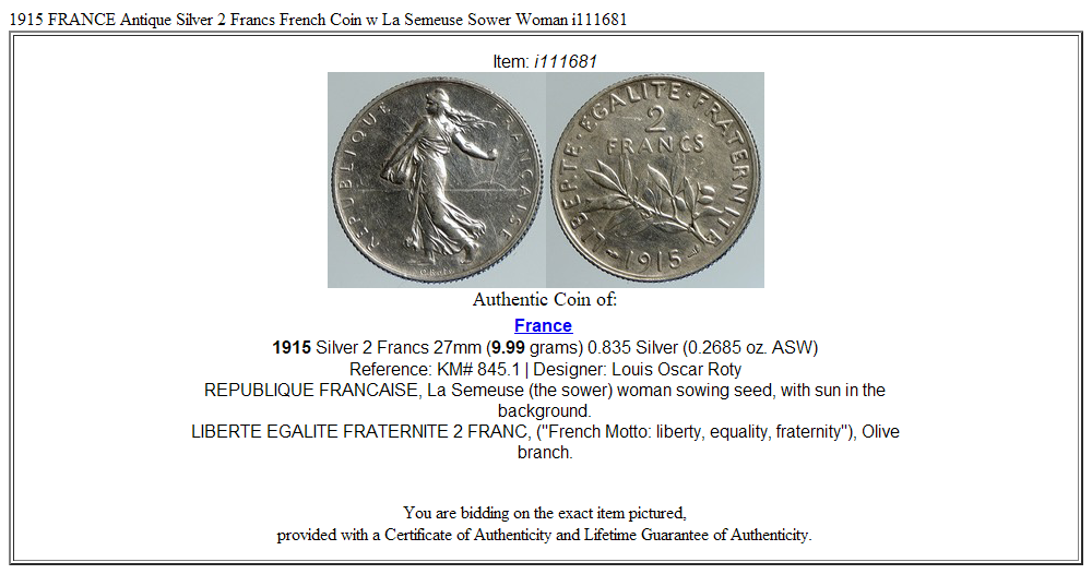 1915 FRANCE Antique Silver 2 Francs French Coin w La Semeuse Sower Woman i111681