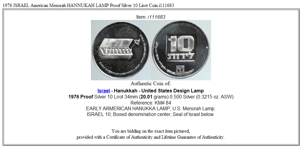 1976 ISRAEL American Menorah HANNUKAH LAMP Proof Silver 10 Lirot Coin i111683