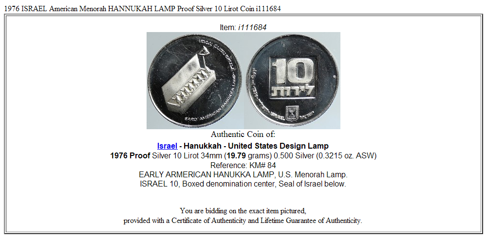 1976 ISRAEL American Menorah HANNUKAH LAMP Proof Silver 10 Lirot Coin i111684