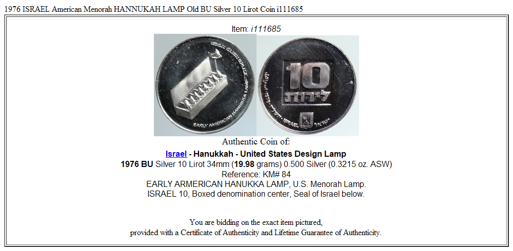 1976 ISRAEL American Menorah HANNUKAH LAMP Old BU Silver 10 Lirot Coin i111685