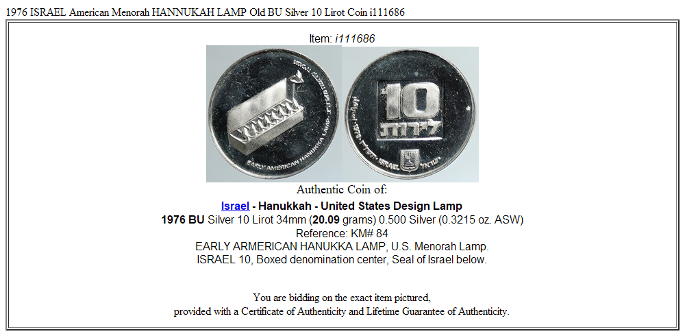 1976 ISRAEL American Menorah HANNUKAH LAMP Old BU Silver 10 Lirot Coin i111686