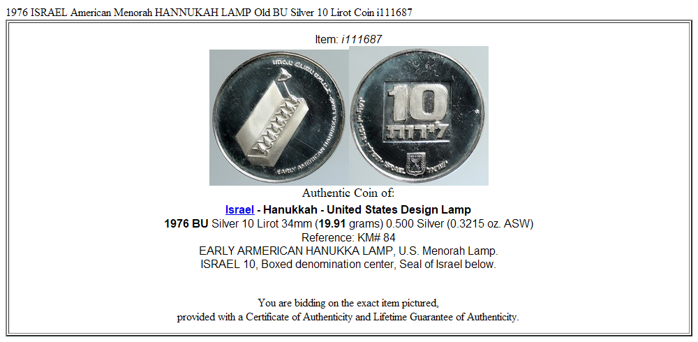 1976 ISRAEL American Menorah HANNUKAH LAMP Old BU Silver 10 Lirot Coin i111687