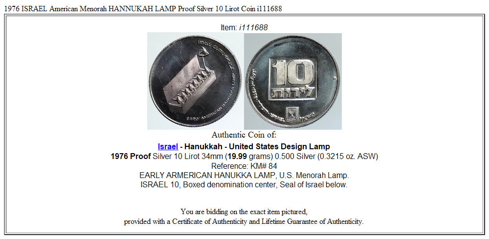 1976 ISRAEL American Menorah HANNUKAH LAMP Proof Silver 10 Lirot Coin i111688