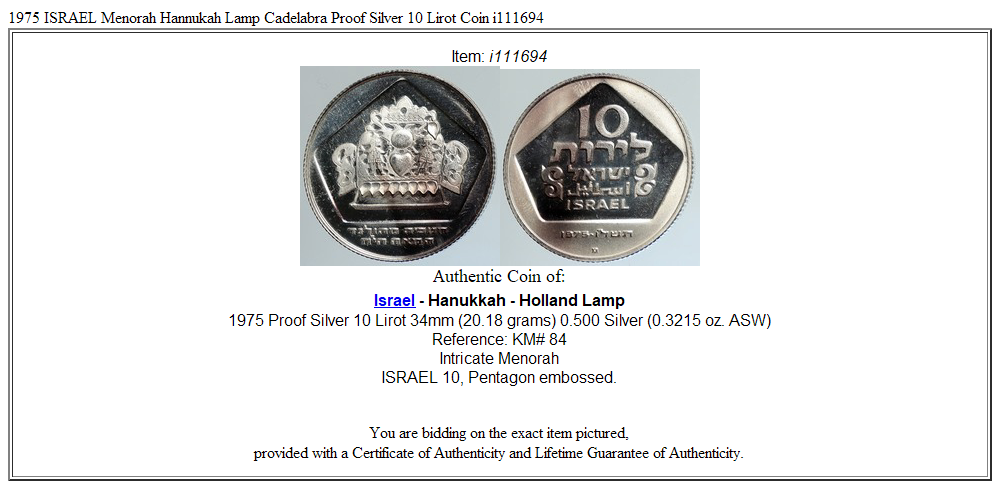 1975 ISRAEL Menorah Hannukah Lamp Cadelabra Proof Silver 10 Lirot Coin i111694