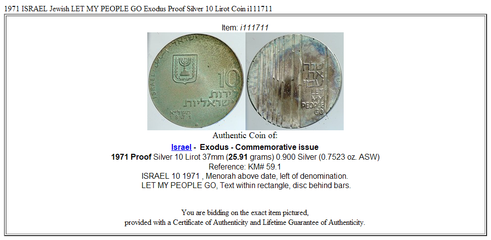 1971 ISRAEL Jewish LET MY PEOPLE GO Exodus Proof Silver 10 Lirot Coin i111711