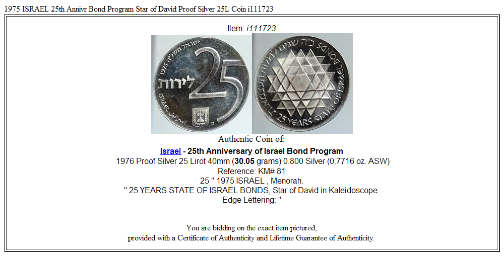 1975 ISRAEL 25th Annivr Bond Program Star of David Proof Silver 25L Coin i111723