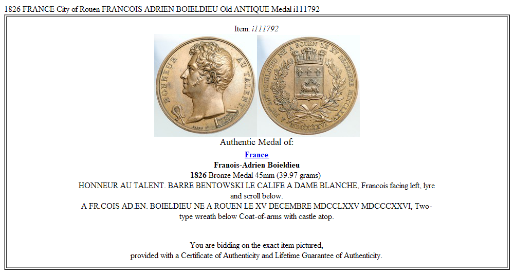 1826 FRANCE City of Rouen FRANCOIS ADRIEN BOIELDIEU Old ANTIQUE Medal i111792