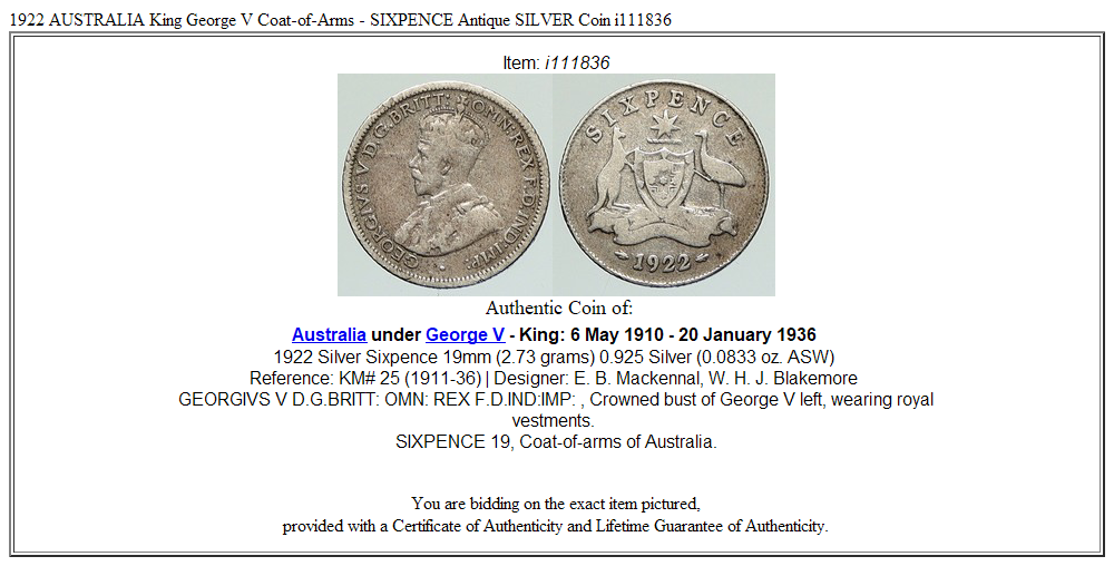 1922 AUSTRALIA King George V Coat-of-Arms - SIXPENCE Antique SILVER Coin i111836