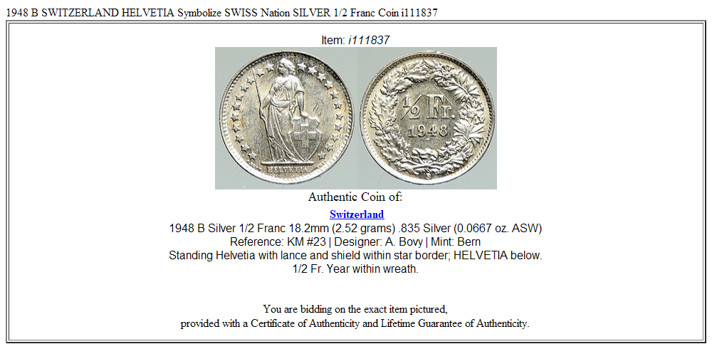 1948 B SWITZERLAND HELVETIA Symbolize SWISS Nation SILVER 1/2 Franc Coin i111837