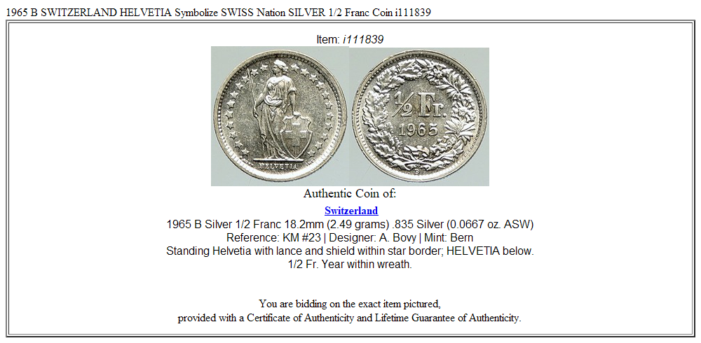 1965 B SWITZERLAND HELVETIA Symbolize SWISS Nation SILVER 1/2 Franc Coin i111839