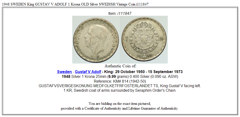 1948 SWEDEN King GUSTAV V ADOLF 1 Krona OLD Silver SWEDISH Vintage Coin i111847