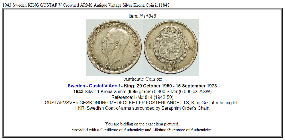 1943 Sweden KING GUSTAF V Crowned ARMS Antique Vintage Silver Krona Coin i111848