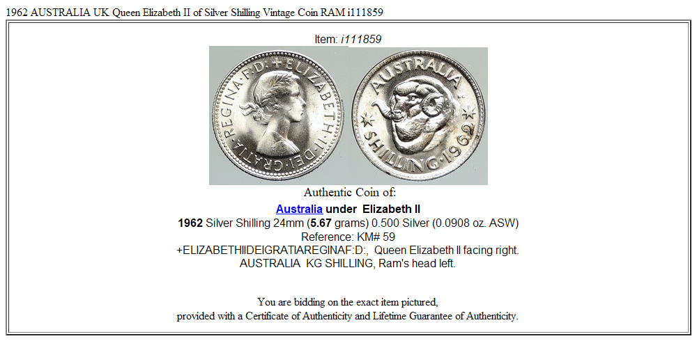 1962 AUSTRALIA UK Queen Elizabeth II of Silver Shilling Vintage Coin RAM i111859