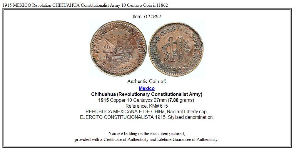 1915 MEXICO Revolution CHIHUAHUA Constitutionalist Army 10 Centavo Coin i111862