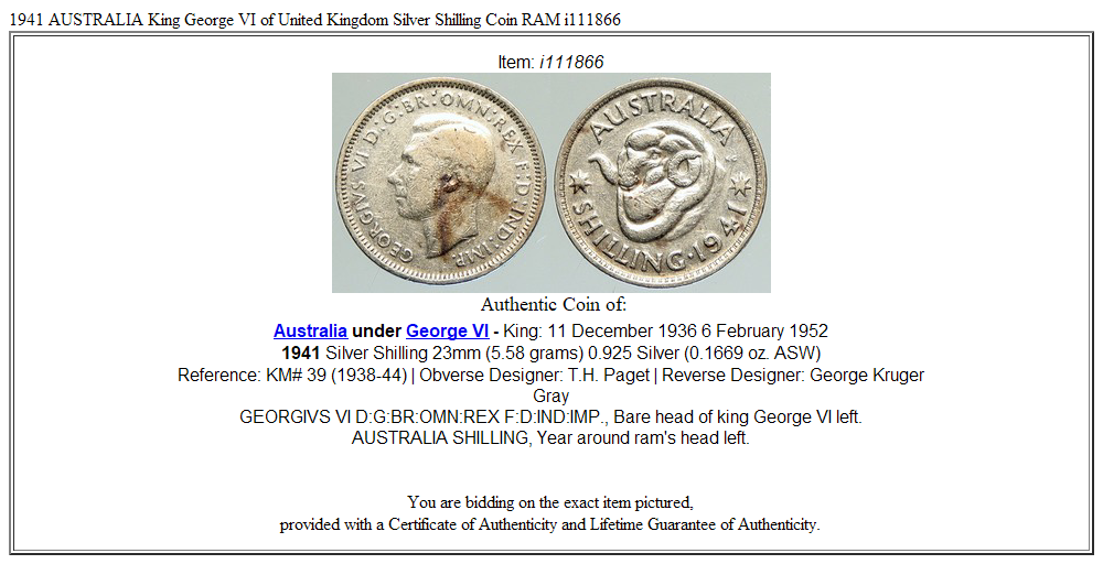 1941 AUSTRALIA King George VI of United Kingdom Silver Shilling Coin RAM i111866