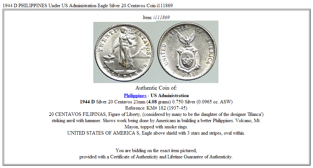 1944 D PHILIPPINES Under US Administration Eagle Silver 20 Centavos Coin i111869