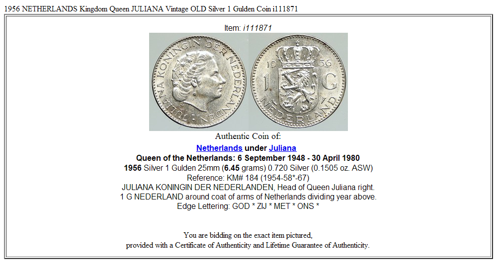 1956 NETHERLANDS Kingdom Queen JULIANA Vintage OLD Silver 1 Gulden Coin i111871