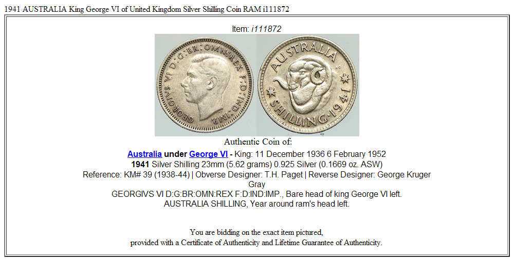 1941 AUSTRALIA King George VI of United Kingdom Silver Shilling Coin RAM i111872