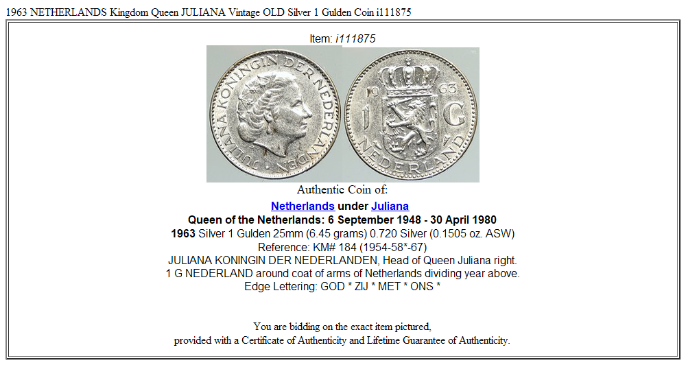 1963 NETHERLANDS Kingdom Queen JULIANA Vintage OLD Silver 1 Gulden Coin i111875