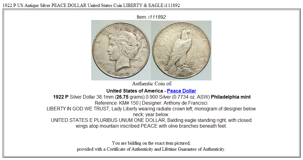 1922 P US Antique Silver PEACE DOLLAR United States Coin LIBERTY & EAGLE i111892
