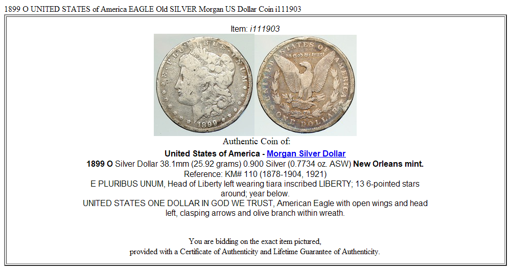 1899 O UNITED STATES of America EAGLE Old SILVER Morgan US Dollar Coin i111903