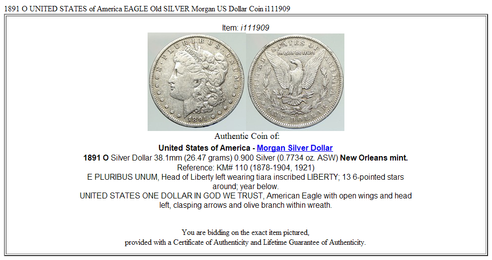 1891 O UNITED STATES of America EAGLE Old SILVER Morgan US Dollar Coin i111909