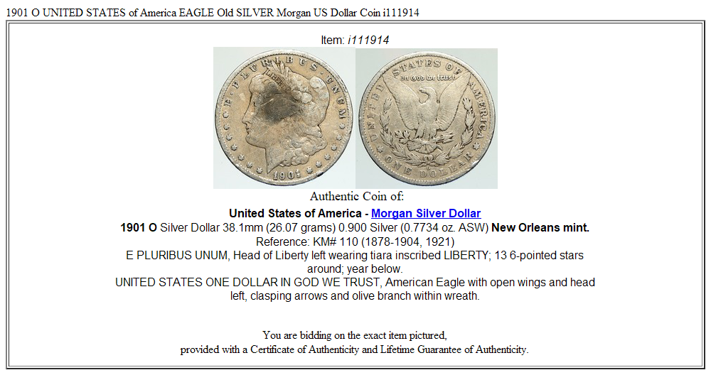 1901 O UNITED STATES of America EAGLE Old SILVER Morgan US Dollar Coin i111914