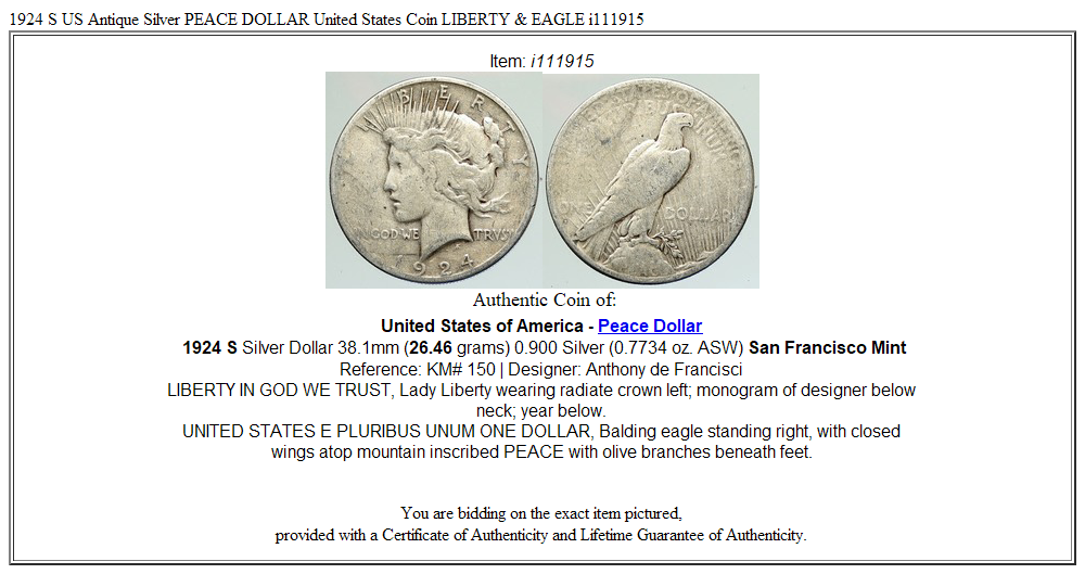 1924 S US Antique Silver PEACE DOLLAR United States Coin LIBERTY & EAGLE i111915