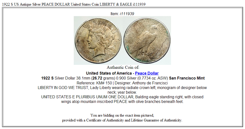 1922 S US Antique Silver PEACE DOLLAR United States Coin LIBERTY & EAGLE i111939