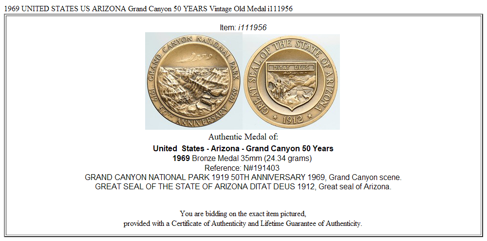 1969 UNITED STATES US ARIZONA Grand Canyon 50 YEARS Vintage Old Medal i111956