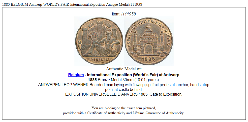 1885 BELGIUM Antwerp WORLD's FAIR International Exposition Antique Medal i111958