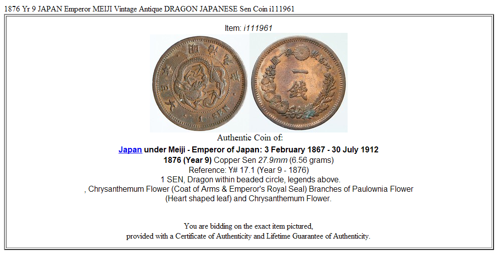 1876 Yr 9 JAPAN Emperor MEIJI Vintage Antique DRAGON JAPANESE Sen Coin i111961