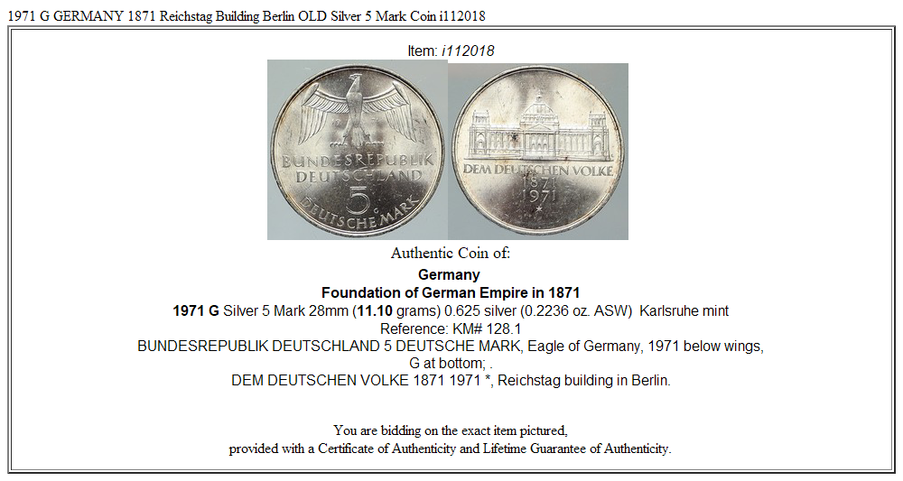 1971 G GERMANY 1871 Reichstag Building Berlin OLD Silver 5 Mark Coin i112018