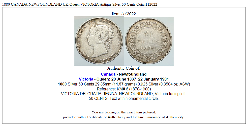 1880 CANADA NEWFOUNDLAND UK Queen VICTORIA Antique Silver 50 Cents Coin i112022