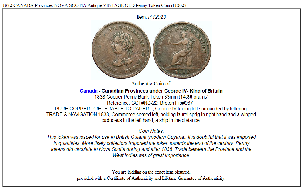 1832 CANADA Provinces NOVA SCOTIA Antique VINTAGE OLD Penny Token Coin i112023