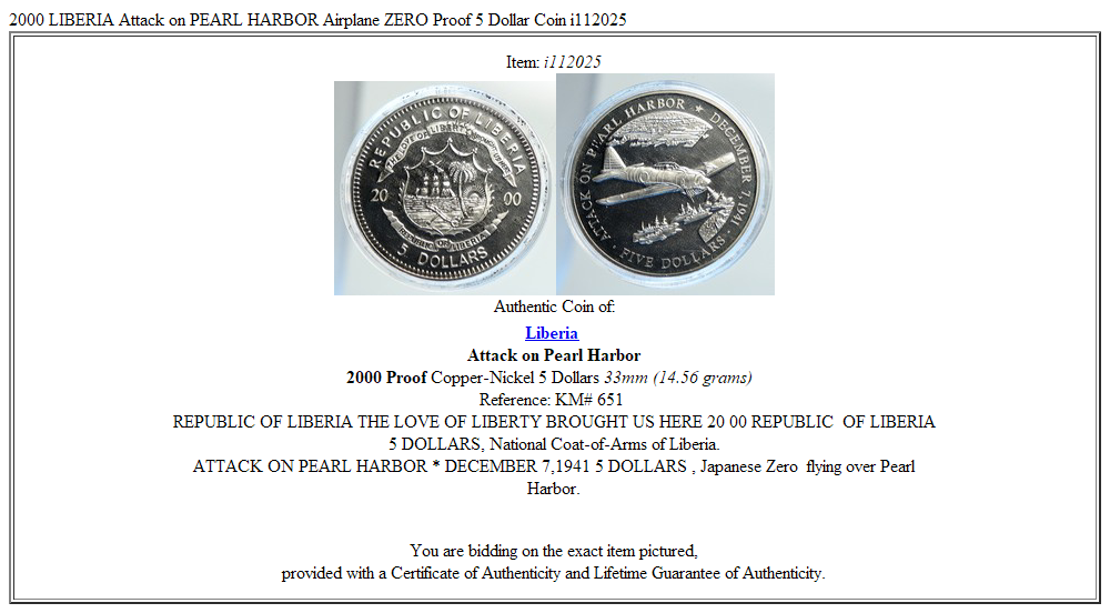 2000 LIBERIA Attack on PEARL HARBOR Airplane ZERO Proof 5 Dollar Coin i112025