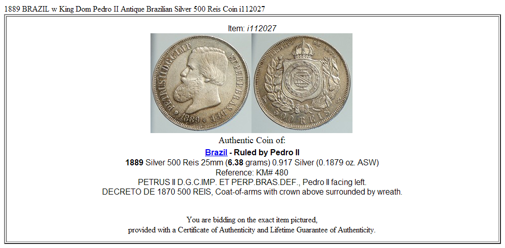 1889 BRAZIL w King Dom Pedro II Antique Brazilian Silver 500 Reis Coin i112027