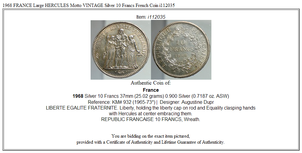 1968 FRANCE Large HERCULES Motto VINTAGE Silver 10 Francs French Coin i112035