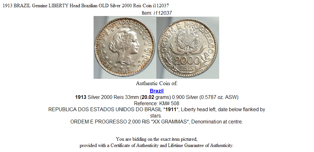 1913 BRAZIL Genuine LIBERTY Head Brazilian OLD Silver 2000 Reis Coin i112037