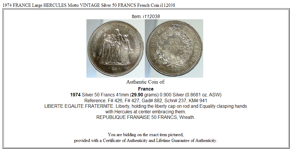 1974 FRANCE Large HERCULES Motto VINTAGE Silver 50 FRANCS French Coin i112038