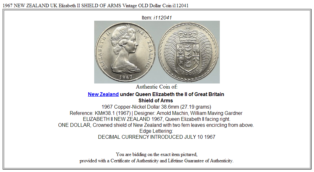 1967 NEW ZEALAND UK Elizabeth II SHIELD OF ARMS Vintage OLD Dollar Coin i112041