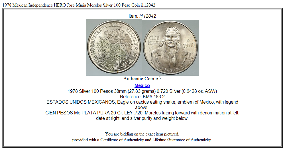 1978 Mexican Independence HERO Jose Maria Morelos Silver 100 Peso Coin i112042