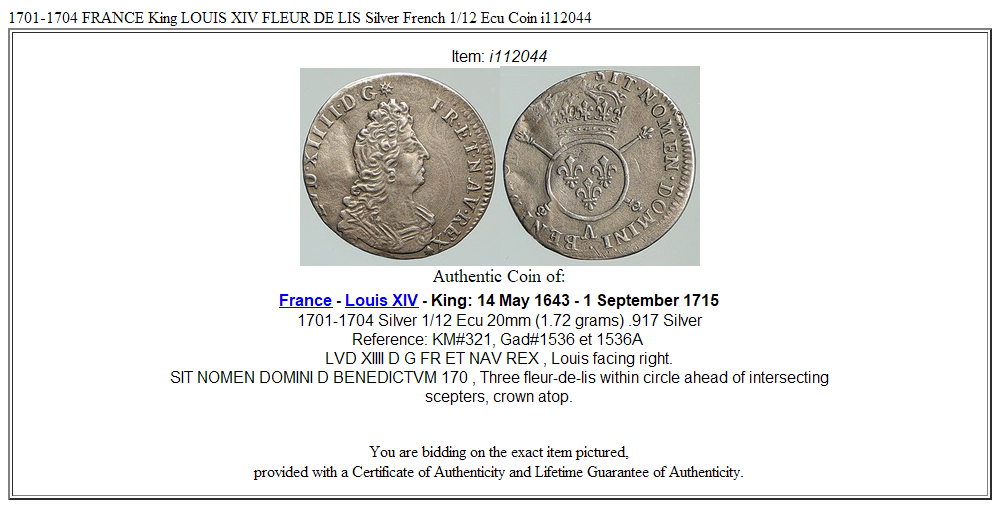 1701-1704 FRANCE King LOUIS XIV FLEUR DE LIS Silver French 1/12 Ecu Coin i112044