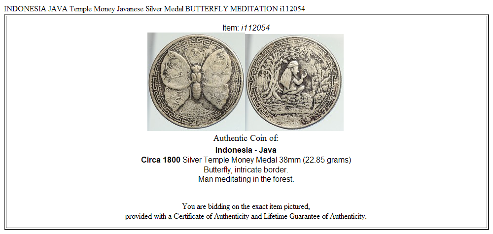 INDONESIA JAVA Temple Money Javanese Silver Medal BUTTERFLY MEDITATION i112054