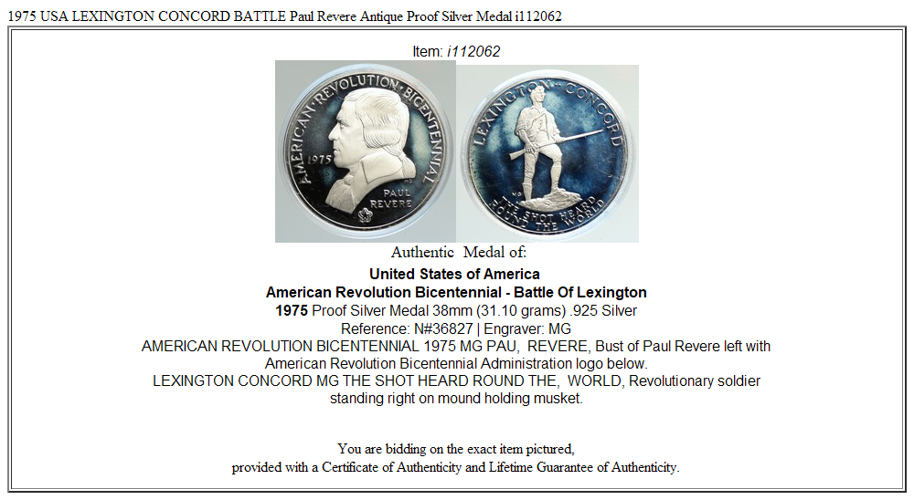 1975 USA LEXINGTON CONCORD BATTLE Paul Revere Antique Proof Silver Medal i112062