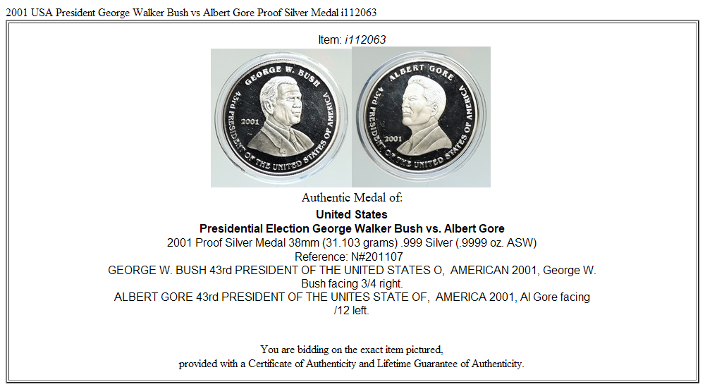 2001 USA President George Walker Bush vs Albert Gore Proof Silver Medal i112063