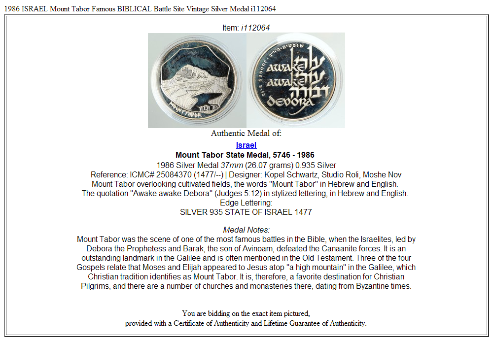 1986 ISRAEL Mount Tabor Famous BIBLICAL Battle Site Vintage Silver Medal i112064